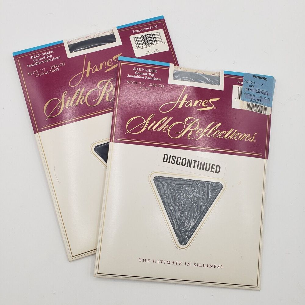 2x Vtg Hanes Silk‎ Reflections Pantyhose  Silky Sheer Sandalfoot CD Slate & Navy